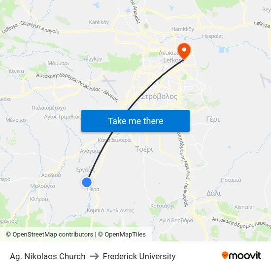 Ag. Nikolaos Church to Frederick University map