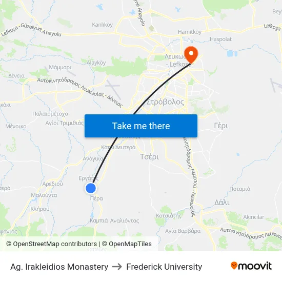 Ag. Irakleidios Monastery to Frederick University map