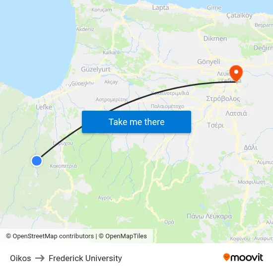 Oikos to Frederick University map