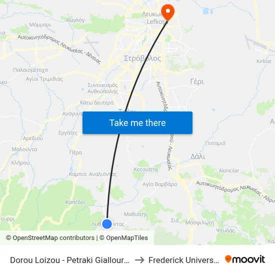 Dorou Loizou - Petraki Giallourou to Frederick University map