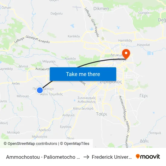 Ammochostou - Paliometocho Settlement to Frederick University map