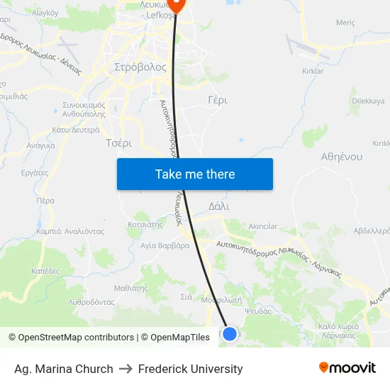 Ag. Marina Church to Frederick University map