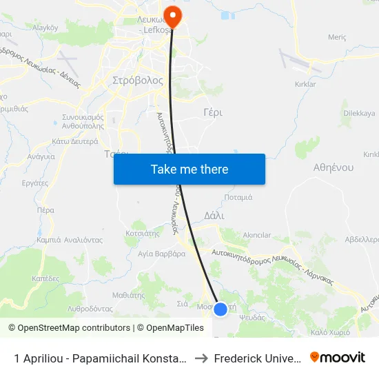 1 Apriliou - Papamiichail Konstantinou to Frederick University map