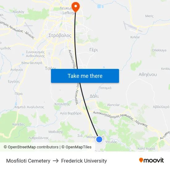 Mosfiloti Cemetery to Frederick University map