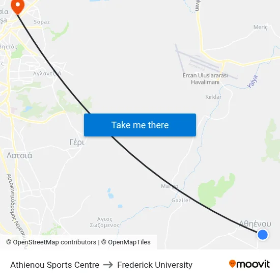 Athienou Sports Centre to Frederick University map