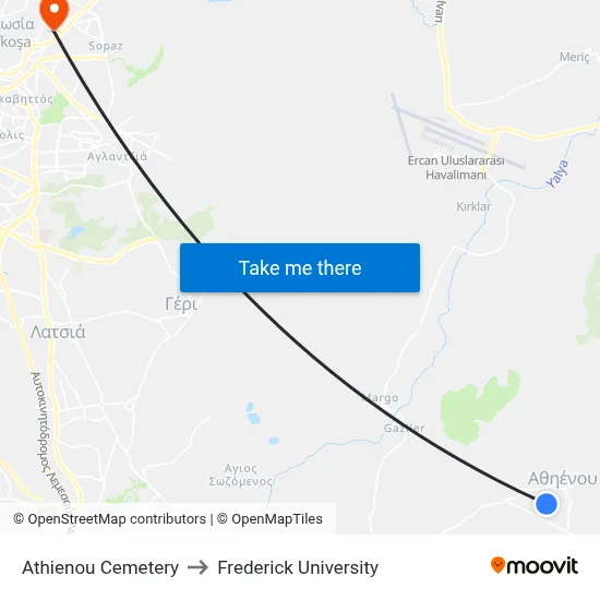 Athienou Cemetery to Frederick University map