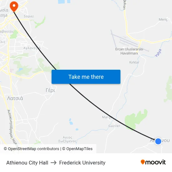 Athienou City Hall to Frederick University map