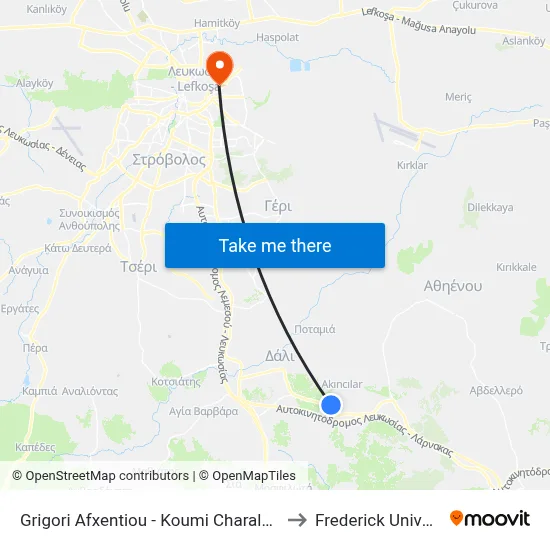 Grigori Afxentiou - Koumi Charalampous to Frederick University map