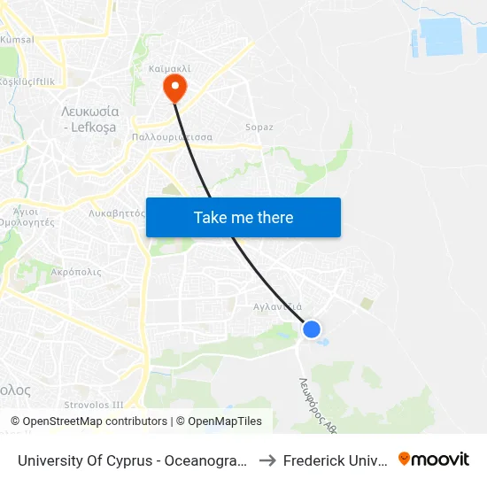 University of Cyprus - Oceanography Center to Frederick University map