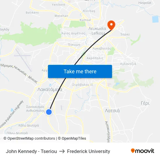 John Kennedy - Tseriou to Frederick University map