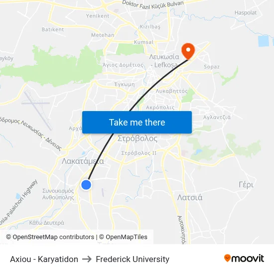Axiou - Karyatidon to Frederick University map