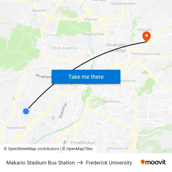 Makario Stadium Bus Station to Frederick University map