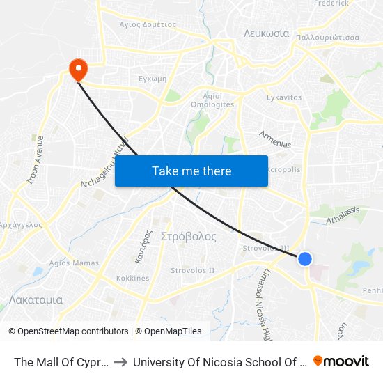 The Mall Of Cyprus - Βεργίνας to University Of Nicosia School Of Law / Global Semesters map