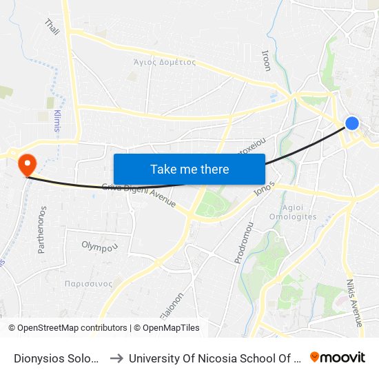 Dionysios Solomos Square B to University Of Nicosia School Of Law / Global Semesters map