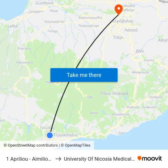 1 Apriliou - Aimiliou Zola to University of Nicosia Medical School map