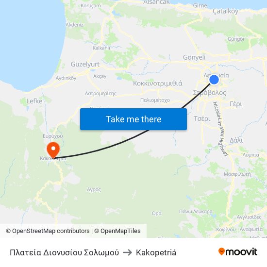 Πλατεία Διονυσίου Σολωμού to Kakopetriá map