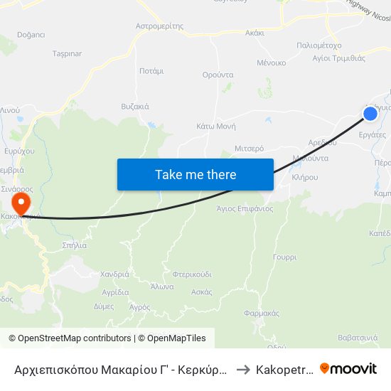 Αρχιεπισκόπου Μακαρίου Γ' - Κερκύρας to Kakopetriá map