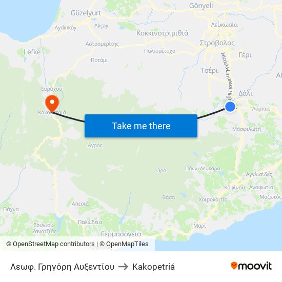 Λεωφ. Γρηγόρη Αυξεντίου to Kakopetriá map