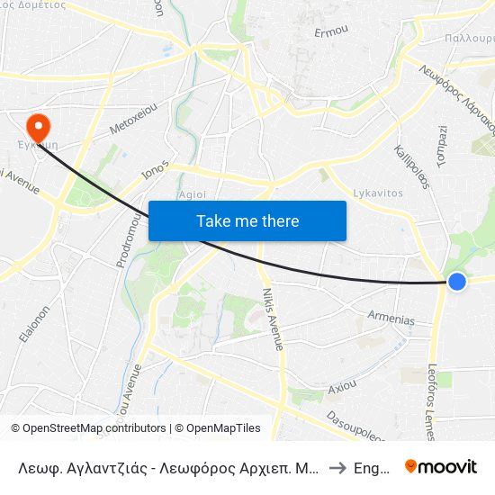 Λεωφ. Αγλαντζιάς - Λεωφόρος Αρχιεπ. Μακαρίου Γ to Engomi map