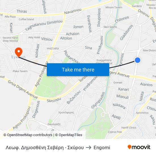 Λεωφ. Δημοσθένη Σεβέρη - Σκύρου to Engomi map