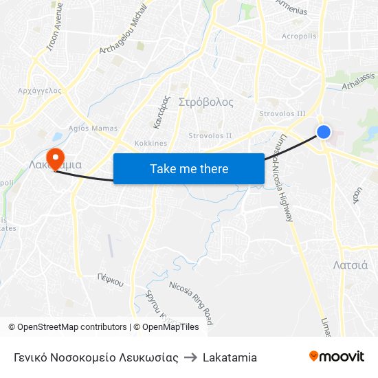 Γενικό Νοσοκομείο Λευκωσίας to Lakatamia map