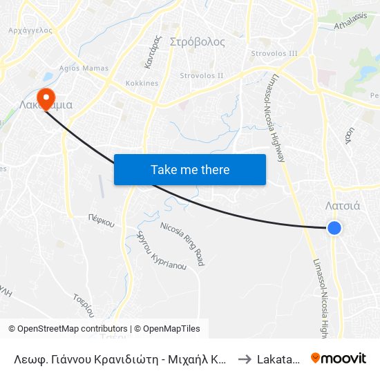 Λεωφ. Γιάννου Κρανιδιώτη - Μιχαήλ Καραολή to Lakatamia map