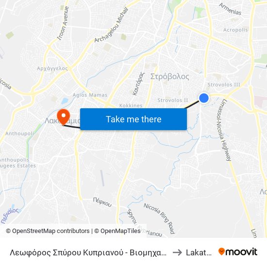Λεωφόρος Σπύρου Κυπριανού - Βιομηχανική Στροβόλου to Lakatamia map