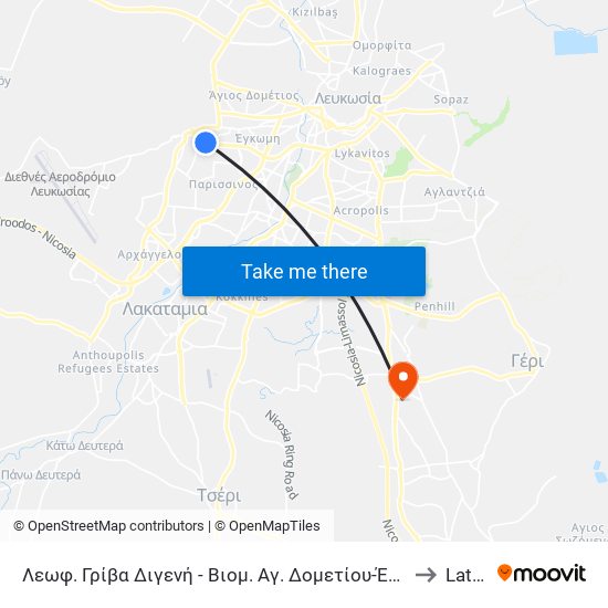Λεωφ. Γρίβα Διγενή - Βιομ. Αγ. Δομετίου-Έγκωμης 2 to Latsia map