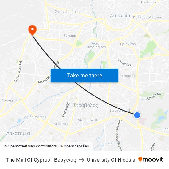 The Mall Of Cyprus - Βεργίνας to University Of Nicosia map