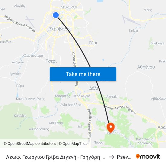 Λεωφ. Γεωργίου Γρίβα Διγενή - Γρηγόρη Αυξεντίου to Psevdás map