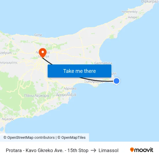 Protaras - Cape Greco Ave. - 15th Stop to Limassol map