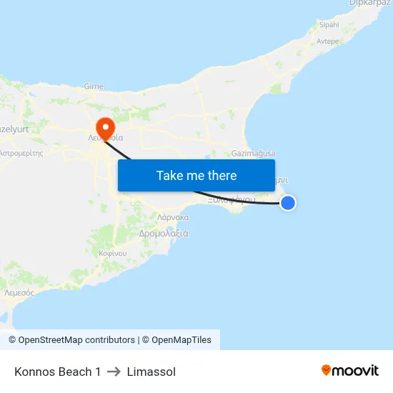 Konnos Beach to Limassol map