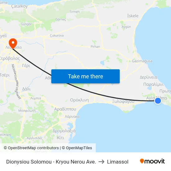 Dionysiou Solomou - Kryou Nerou Avenue to Limassol map