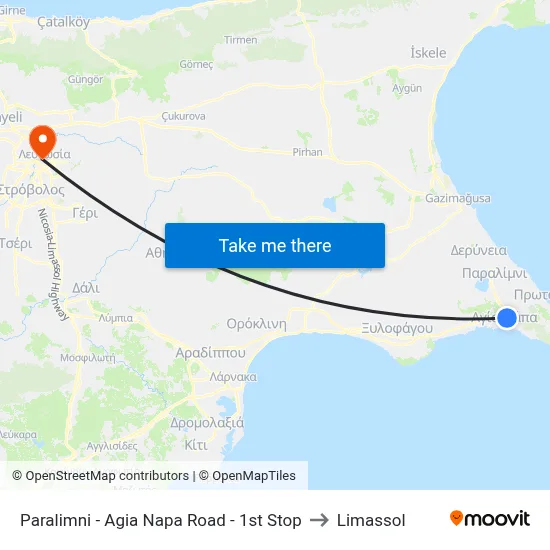 Paralimni - Agia Napa Road - 1st Stop to Limassol map