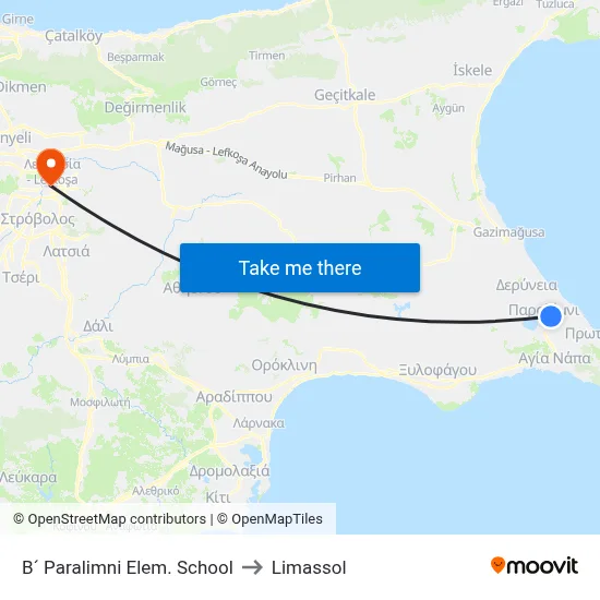 B´ Paralimni Elem. School to Limassol map