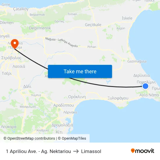 1 Apriliou Ave. - Ag. Nektariou to Limassol map
