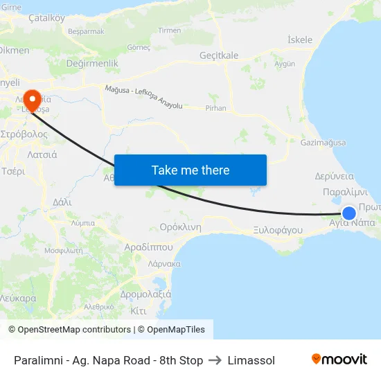 Paralimni - Ag. Napa Road - 8th Stop to Limassol map