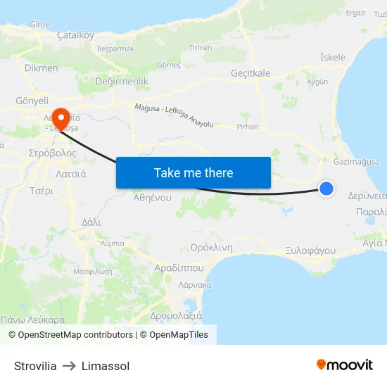 Strovilia to Limassol map