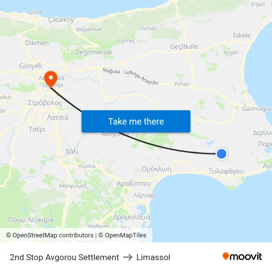 2nd Stop Avgorou Settlement to Limassol map