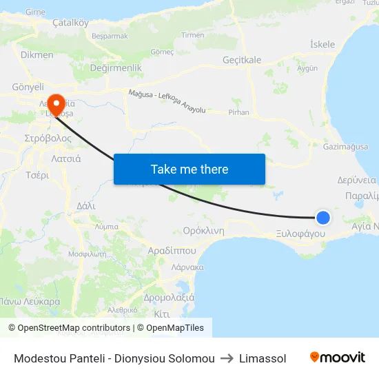 Modestou Panteli - Dionysiou Solomou to Limassol map