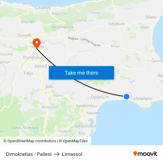 Dimokratias - Pallesi to Limassol map