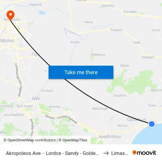 Akropoleos Ave. - Lordos - Sandy - Golden Bay to Limassol map