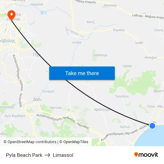 Pyla Beach Park to Limassol map