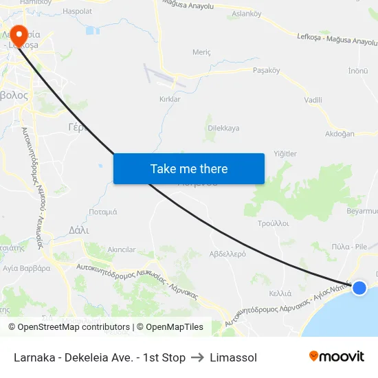 Larnaca - Dekelia Avenue - 1st Stop to Limassol map