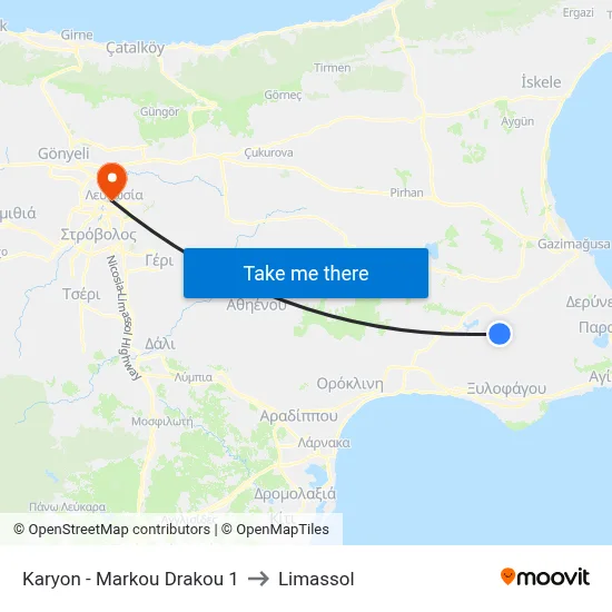 Karyon - Markou Drakou to Limassol map