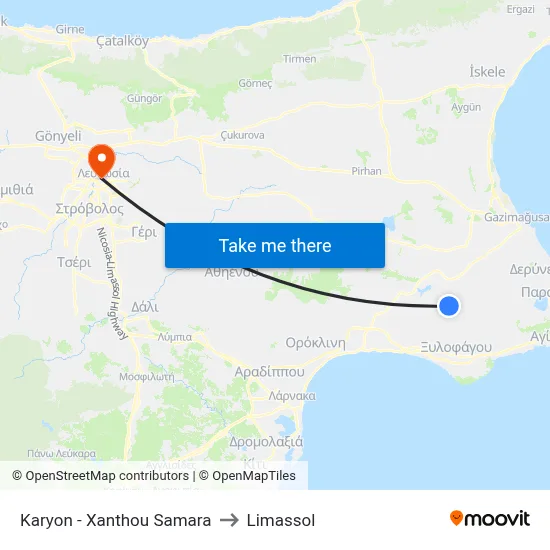 Karyon - Xanthos Samaras to Limassol map