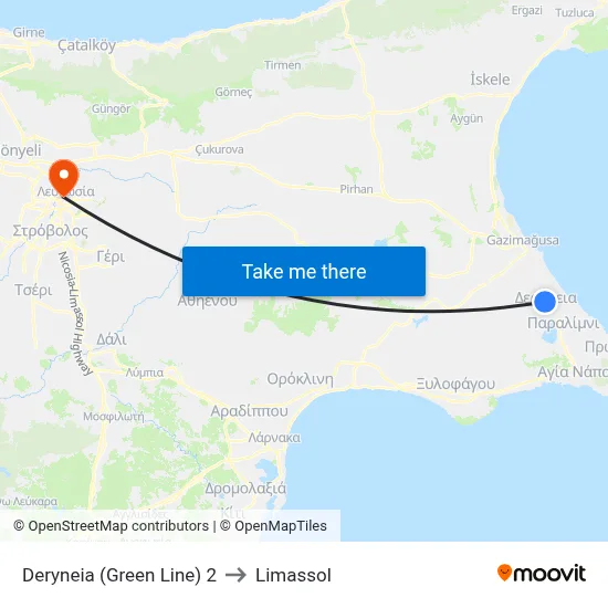 Deryneia (Green Line) 2 to Limassol map