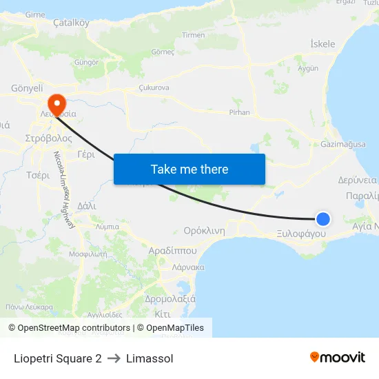 Liopetri Square 2 to Limassol map