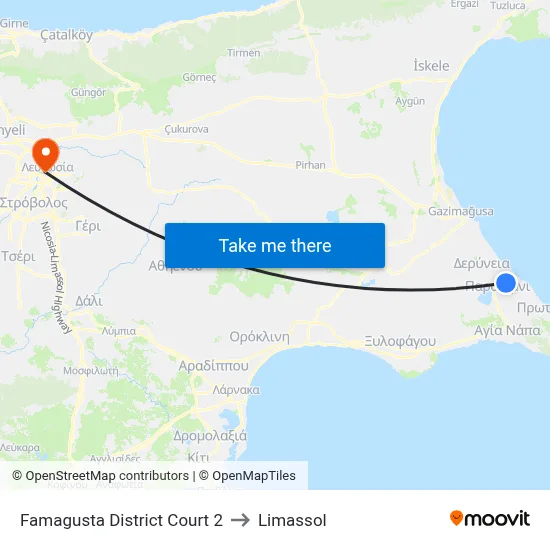 Famagusta District Court to Limassol map