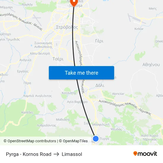 Pyrga - Kornos Road to Limassol map